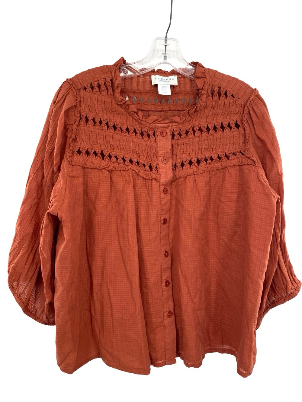 Calypso St. Barth Rust Orange Cotton Smocked Boho Button Down Peasant Top XL